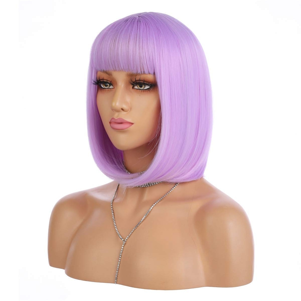 Short Bob Hair Wigs 12" Straight with Flat‎ Bangs Synthetic Colorful Purple